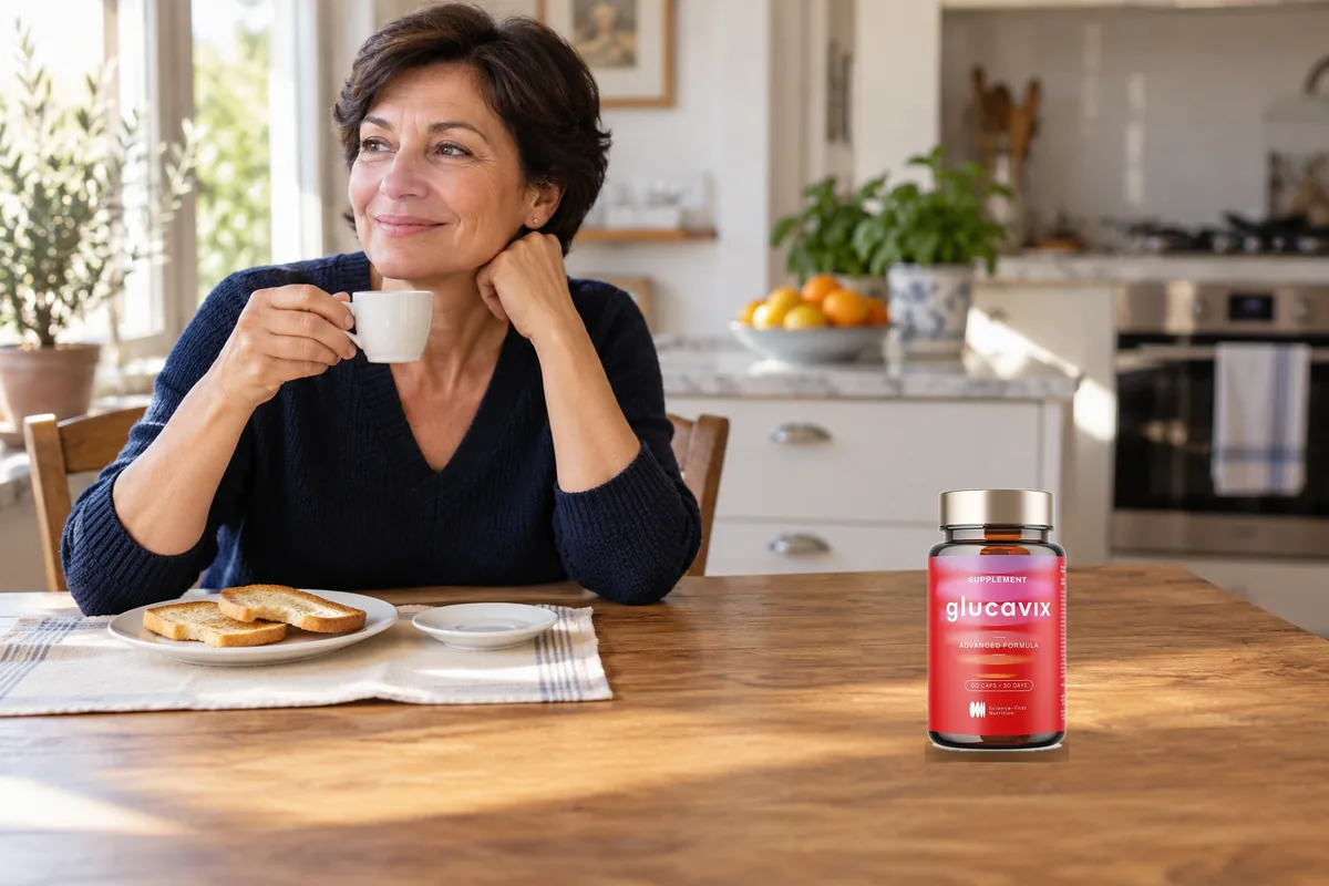 Donna con un barattolo di Glucavix a colazione